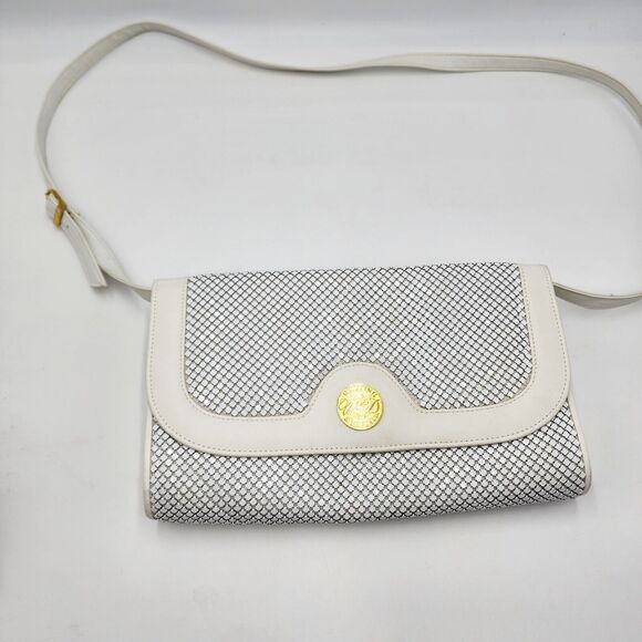 Vintage Large Whiting and Davis Mesh Purse White with Gold Tone Trim Leather - Picture 1 of 10